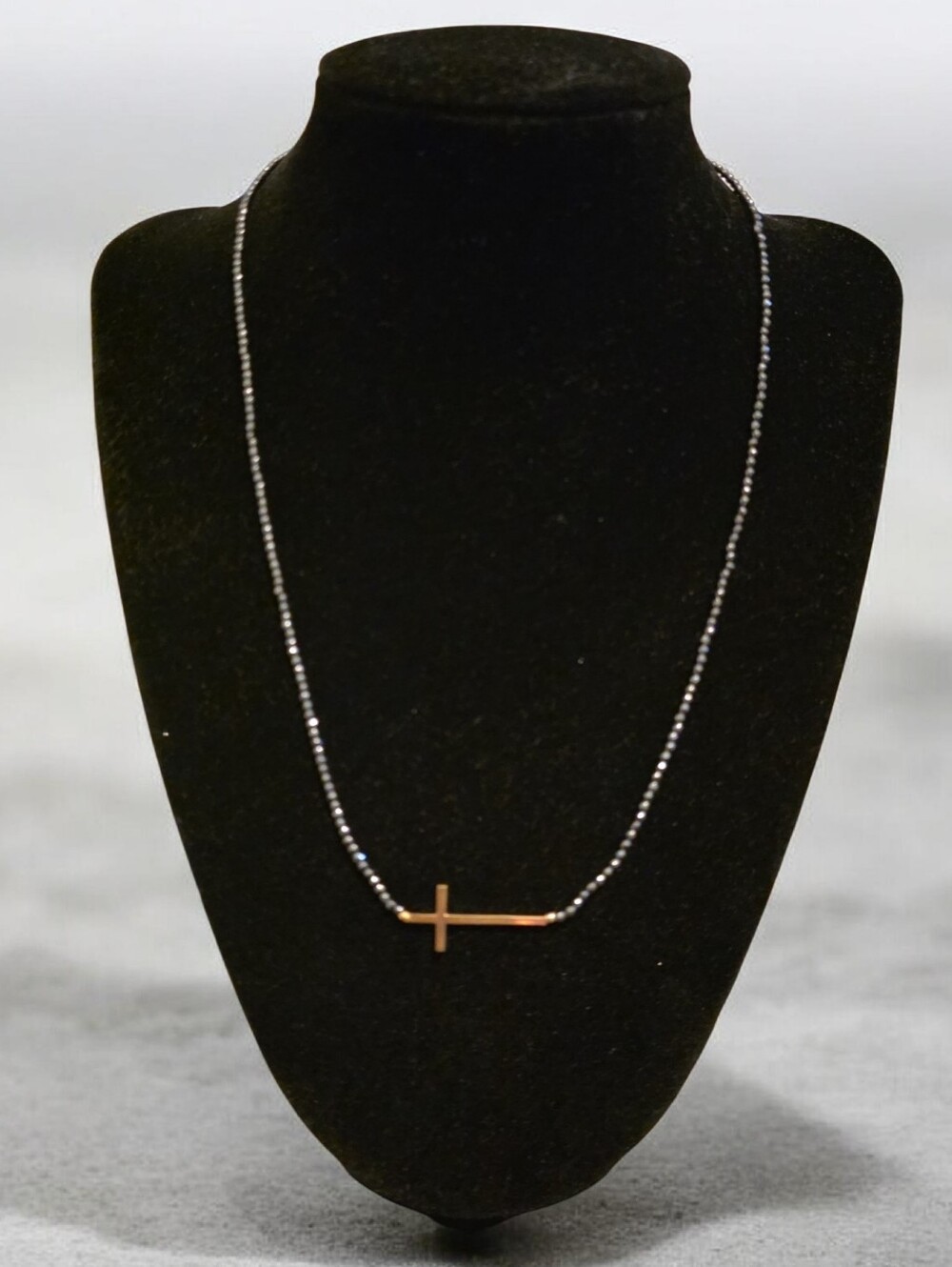 14k Gold Cross Necklace with Hematite Beaded Chain